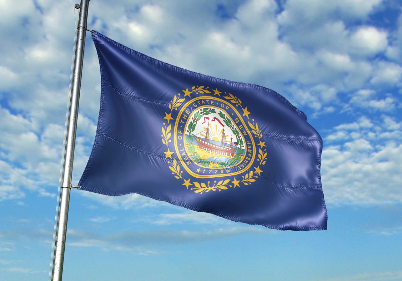 New Hampshire state of United States flag waving cloudy sky background